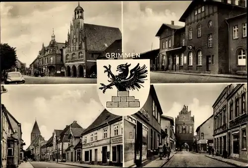 Wappen Ak Grimmen in Mecklenburg Vorpommern, Rathaus, Bahnhof, Stadttor