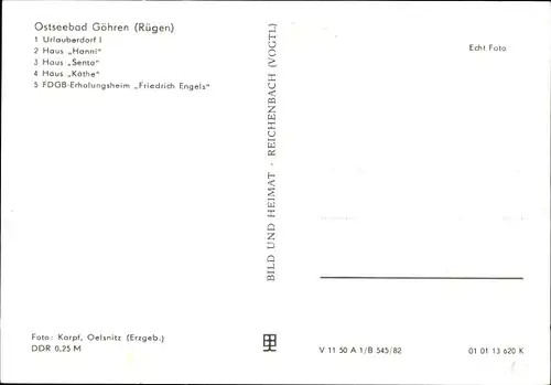 Ak Ostseebad Göhren auf Rügen, FDGB Erholungsheim F. Engels, Haus Hanni, Haus Senta, Haus Käthe