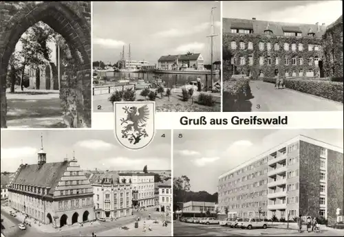 Ak Hansestadt Greifswald, Klosterruine Eldena, Hafen, Rathaus, HO Boddenhus, Chirurgische Klinik