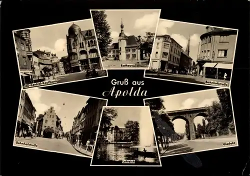 Ak Apolda in Thüringen, HO Central Kaufhaus, Rathaus, Bahnhofstraße, Lohteich, Viadukt