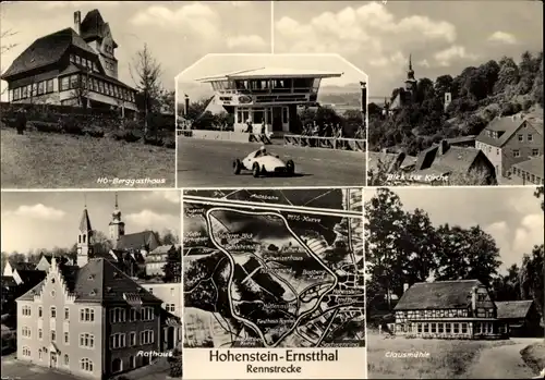 Ak Hohenstein Ernstthal in Sachsen, Rennstrecke, HO-Berggasthaus, Rathaus, Clausmühle