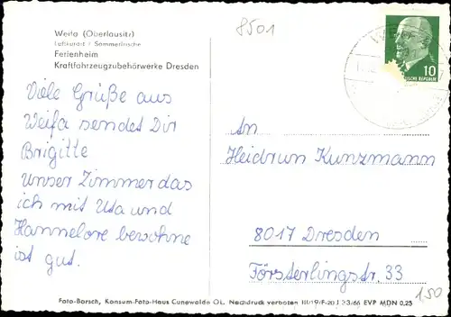 Ak Weifa Steinigtwolmsdorf in der Lausitz, Ferienheim Kraftfahrzeugzubehörwerke Dresden