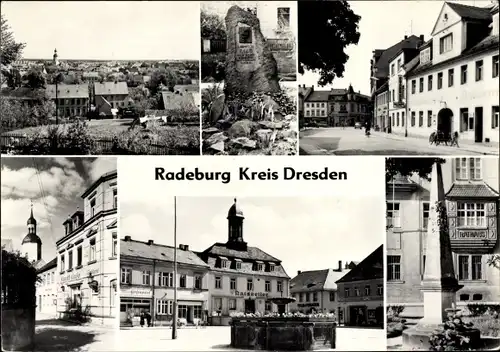 Ak Radeburg in Sachsen, Ortsansicht, Kirche, Säule, Denkmal