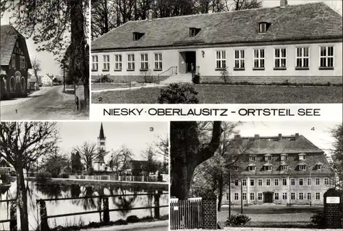 Ak See Niesky in der Oberlausitz, Genesungsheim Heideland, Kindergarten, Dorfteich