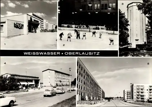 Ak Weißwasser Oberlausitz, Wohnkomplex, HO Kaufhalle Minute, Wasserturm, Eisstadion Wilhelm Pieck