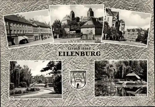 Ak Eilenburg an der Mulde Sachsen, Samuelisdamm, Stadtpark, Bahnhof, Sorbenburg, Wappen