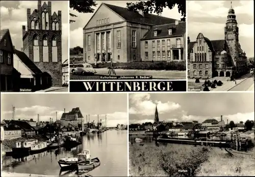 Ak Wittenberge an der Elbe, Steintor, Kulturhaus Johannes R. Becher, Rathaus, Hafen