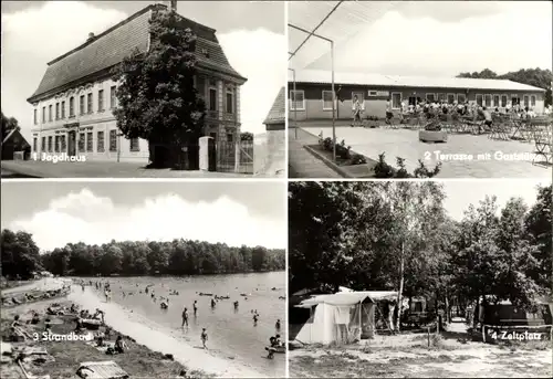 Ak Thümmlitzwald Grimma in Sachsen, Jagdhaus, Strandbad, Zeltplatz, Terrasse