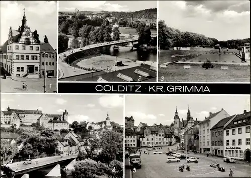 Ak Colditz in Sachsen, Rathaus, Brücke, Waldbad, Schloss, Marktplatz