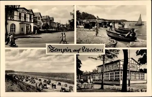 Ak Ostseebad Zempin auf Usedom, Strand, Boote, Strandkörbe, Straßenpartie