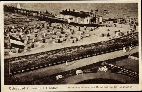 Ak Ostseebad Zinnowitz auf Usedom, Blick vom Schwabas Hotel auf die Gartenanlagen, Strand