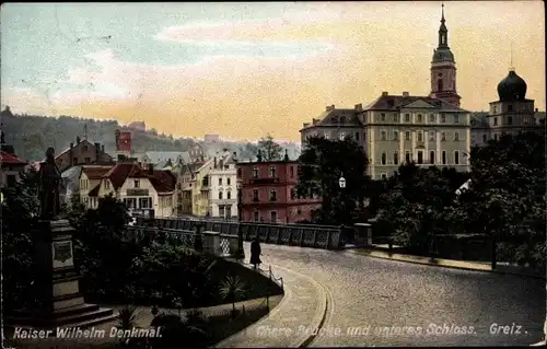 Ak Greiz Thüringen, Obere Brücke, Unteres Schloss, Kaiser-Wilhelm-Denkmal