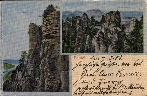 Ak Lohmen Sächsische Schweiz, Bastei, Aussicht, Basteibrücke, Seidenimitatkarte