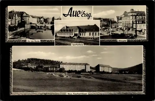 Ak Aue im Erzgebirge Sachsen, Sportlerheim, Partie an der Mulde, Altmarkt, Neue Krankenhäuser