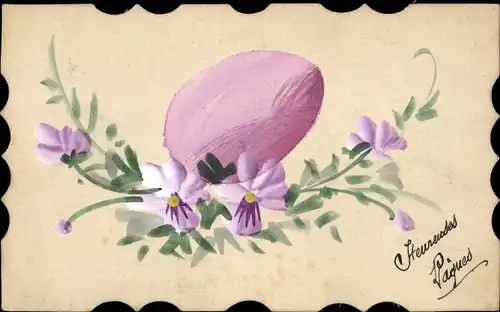 Handgemalt Ak Glückwunsch Ostern, Rosa Osterei und Blüten