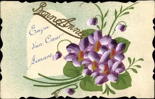 Handgemalt Ak Glückwunsch Neujahr, Lila Blüten