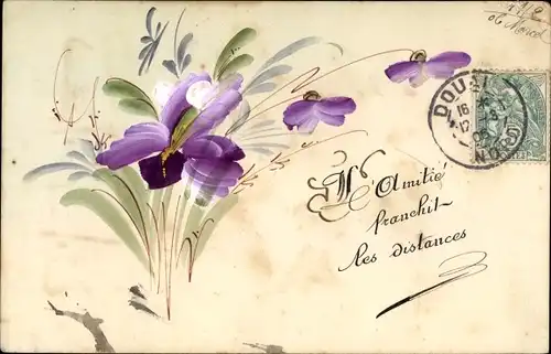 Handgemalt Ak Amitie franchit les distances, lila Blüten