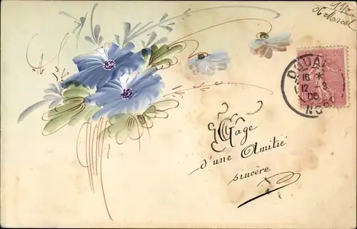 Handgemalt Ak Gage d'une amitie sincere, blaue Blüten