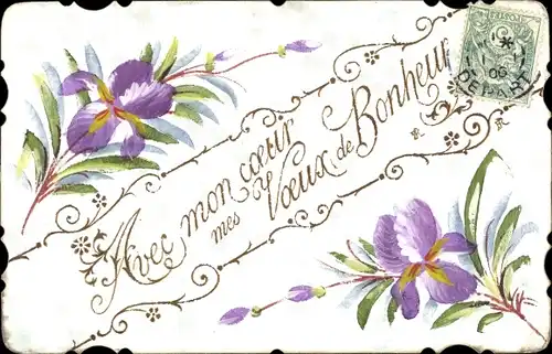 Handgemalt Ak Avec mon coeur mes voeux de bonheur, lila Blüten
