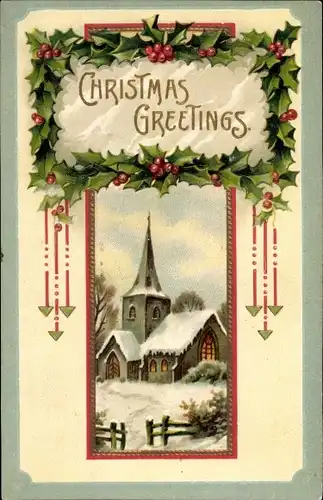 Präge Ak Glückwunsch Weihnachten, Kirche, Stechpalme
