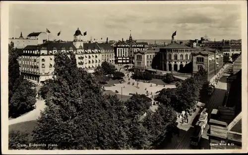 Ak Oslo Norwegen, Stadtbild, Platz, Tram