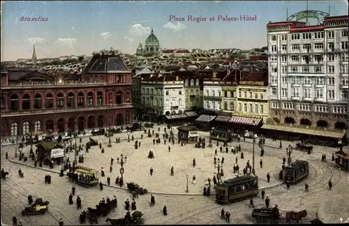 Ak Brüssel, Gare du Nord et Place Rogier, Hotel Palace, Straßenbahnen