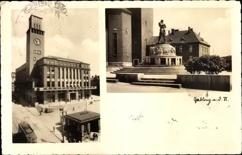 Ak Jablonec nad Nisou Gablonz an der Neiße Region Reichenberg, Rathaus und Rüdigerbrunnen