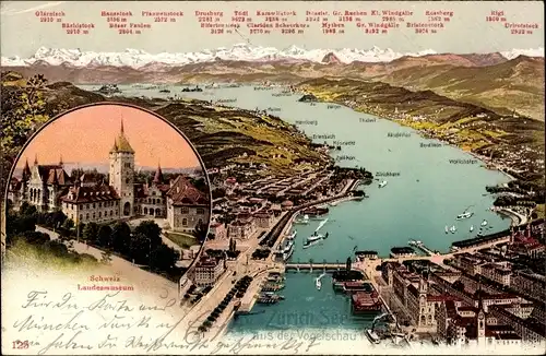Ak Zürich Stadt Schweiz, Panorama, Vogelschau, Landesmuseum
