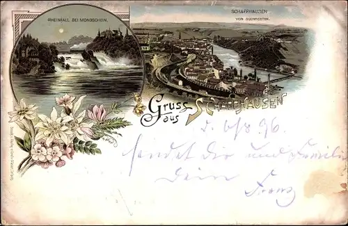 Litho Schaffhausen am Rhein Schweiz, Panorama vom Südwesten, Rheinfall bei Mondschein