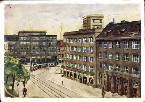 Künstler Ak Moravská Ostrava Mährisch Ostrau Region Mährisch Schlesien, Bahnhofstraße