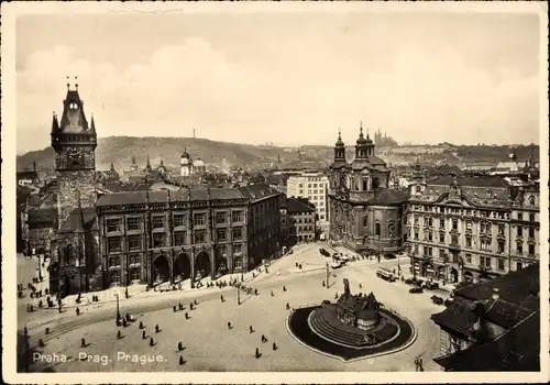 Ak Praha Prag Tschechien, Altstädter Ringplatz mit Rathaus und Hus Denkmal