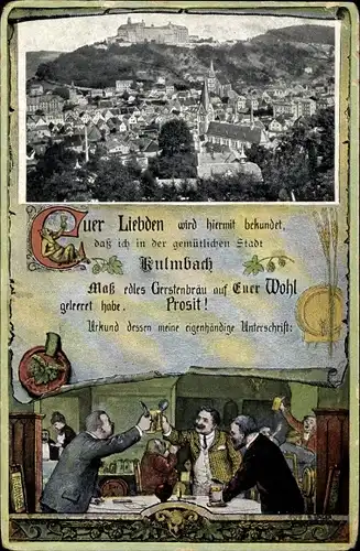 Passepartout Ak Kulmbach in Oberfranken, Gesamtansicht, Urkunde, Biertrinker