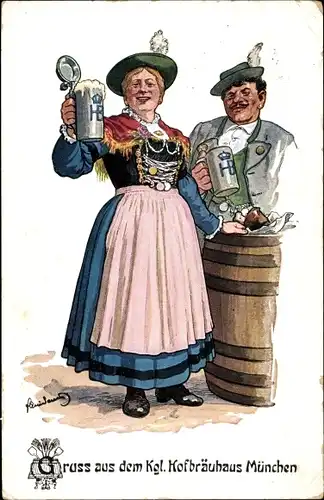 Künstler Ak München, Königliches Hofbräuhaus, Bayrische Trachten, Bier