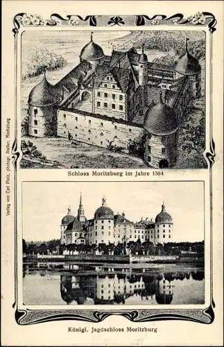 Ak Moritzburg in Sachsen, Schloss im Jahr 1584, Jagdschloss, Zeichnung
