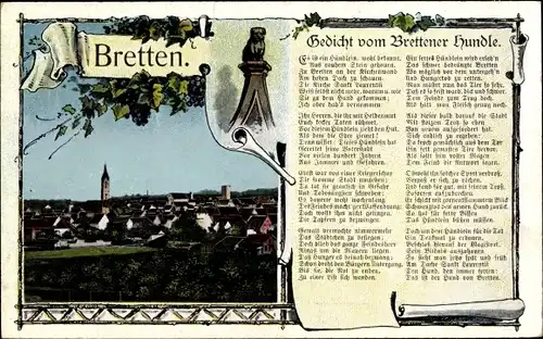 Gedicht Ak Bretten in Baden, Gedicht vom Brettener Hundle, Totale vom Ort