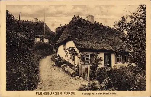 Ak Munkemølle Munkmühle Kruså Krusau Dänemark, Fußweg nach der Munkmühle, Flensburger Föhrde