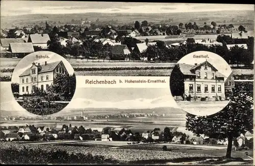 Ak Reichenbach Callenberg in Sachsen, Panorama, Schule, Gasthof