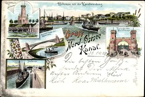 Litho Holtenau Kiel, Mündung Nord Ostsee Kanal, Hochbrücke Levensau, Leuchtturm, Schleuse