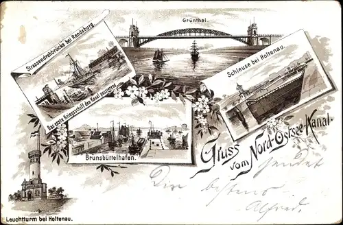 Litho Holtenau Kiel, Nord Ostsee Kanal, Straßendrehbrücke Rendsburg, Schleuse, Grünthal, Brunsbüttel