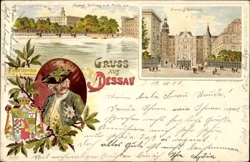 Litho Dessau in Sachsen Anhalt, Portrait Fürst Leopold, Herzogl. Schloss, Wappen