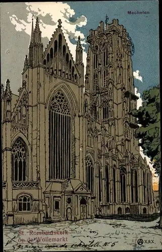 Künstler Ak Mechelen Mecheln Malines Flandern Antwerpen, St Romboutskerk op de Wollemarkt