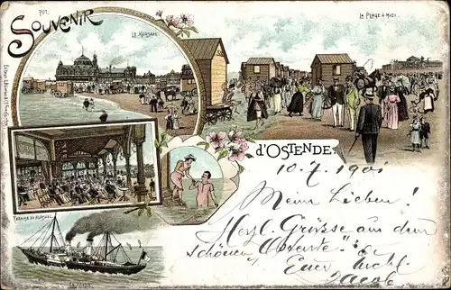 Litho Oostende Ostende Westflandern, La Plage a Midi, Kursaal, Strandpartie, Dampfer