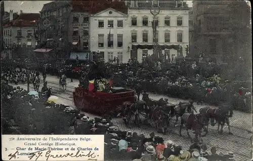 Ak 75e Anniversaire de l'Indenpendance Belge, Grand Cortege Historique, Char de Marie Thererse