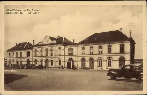 Ak Sint Niklaas Ostflandern, Bahnhof, Autos