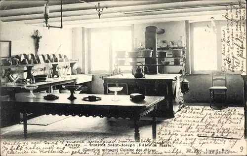 Ak Antwerpen Anvers Flandern, Institut Saint Joseph, Filles de Marie, Innenansicht der Küche
