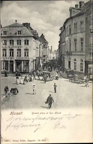 Ak Hasselt Flandern Limburg, Grand place et rue Haute, Restaurant A la Rose