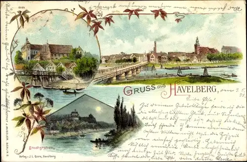 Litho Havelberg in Sachsen Anhalt, Stadtgraben, Dom, Teilansicht