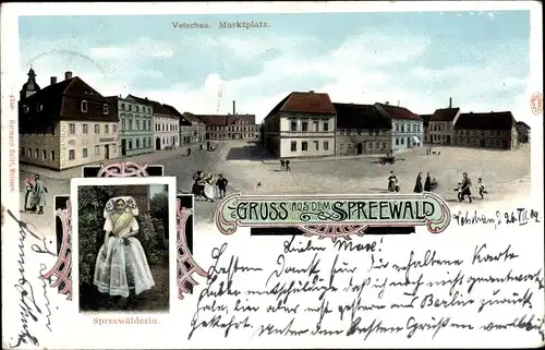 Ak Vetschau in Brandenburg, Ansicht vom Marktplatz, Spreewälderin in Tracht
