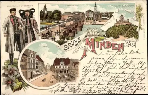 Litho Minden in Westfalen, Weserbrücke, Markt, Kaiser Wilhelm Denkmal Porta Westfalica, Trachten