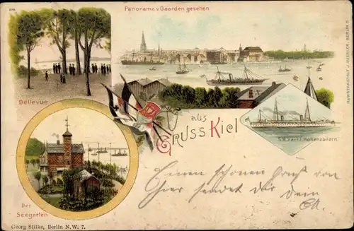 Litho Kiel in Schleswig Holstein, Deutsches Kriegsschiff, SM Yacht Hohenzollern, Seegarten, Bellevue
